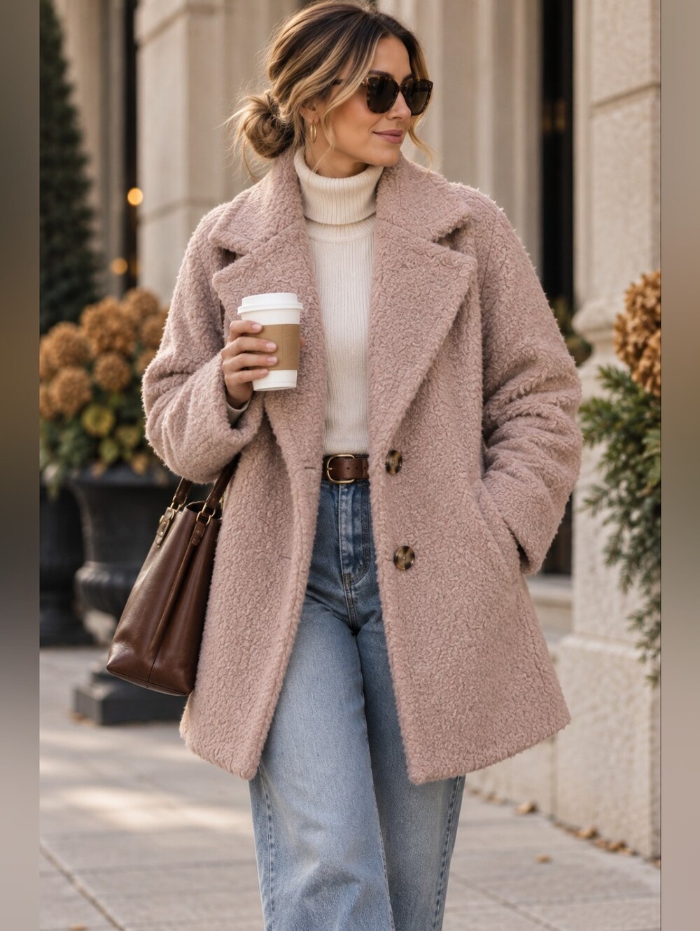 Sam Edelman Dusty Mauve Bouclé Teddy Coat XL Oversized Cozy